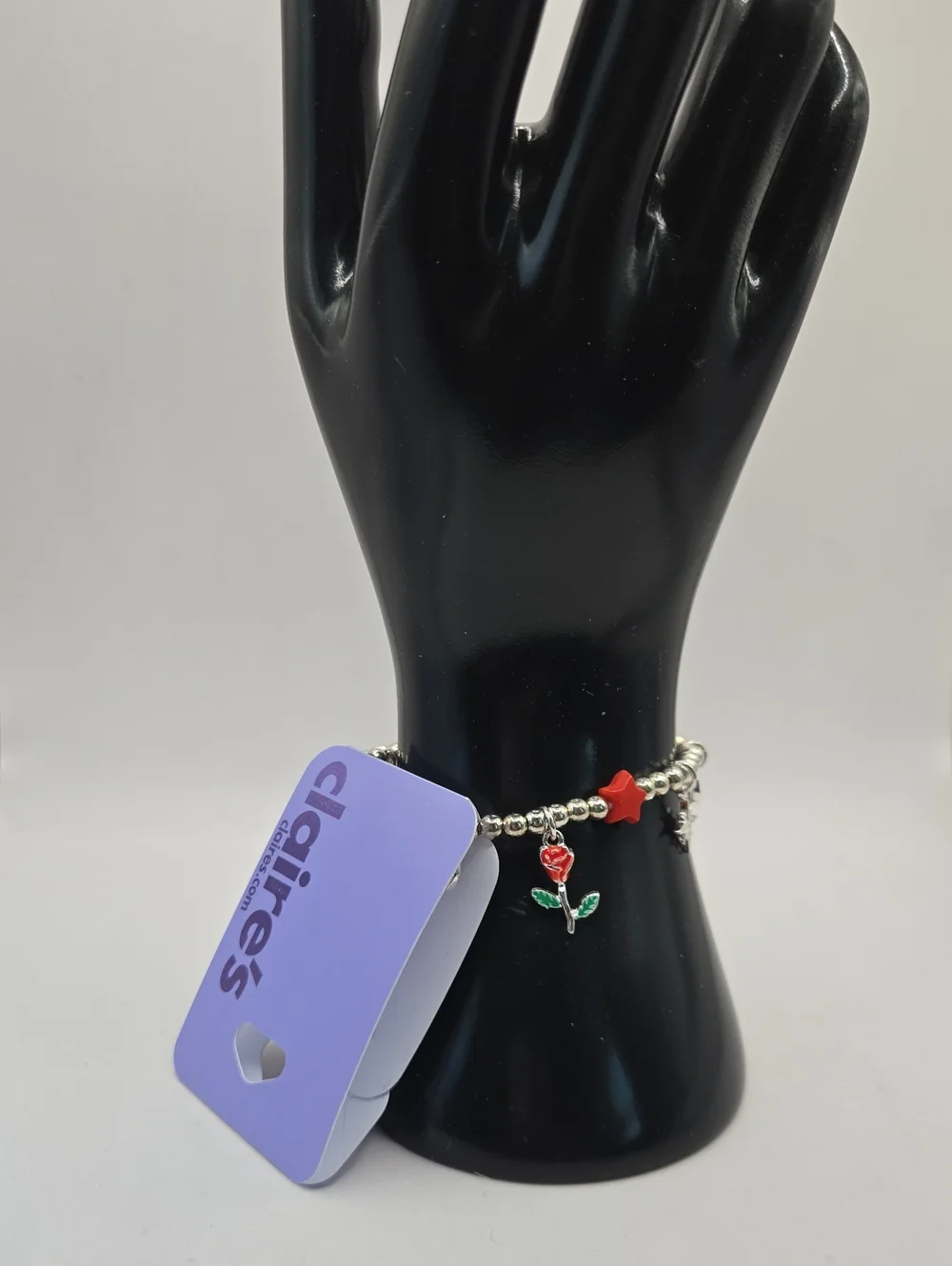 NEW Claire's Silver Beaded Bracelet with Red Rose and Red Star Accents